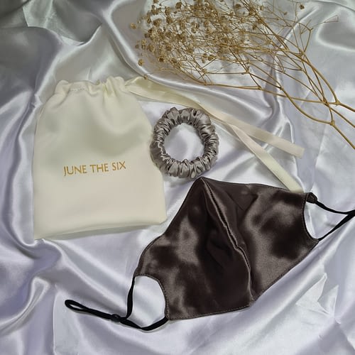 Silk-Face-Mask-Scrunchie-Gift-Set June The Six Grey Silk Face Mask and Scrunchie Gift Set